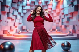 a pretty stage made of metallic blue-gray teme 3d recursive cubic and sphere base structures and a beautiful fashion model lady posing with joy and cute ,with dark red top and pretty pleated midi skirt ,makeup curvy long hair,dynamic camera zoom to full body and pan, dynamic lights.