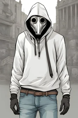 Cool guy wearing a white hoodie, jeans and a plague doctor mask