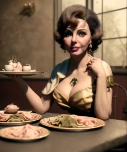 Ultra realistic photographic portrait, Gina Lollobrigida woman sitting with arms resting on Italian kitchen table, ravioli dish, renaissance style decoration, soft color, highly detailed, unreal engine 5, ray tracing, RTX, lumen lighting, ultra detail, volumetric lighting, high definition.