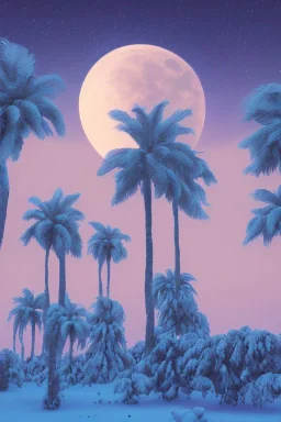 1980's aesthetic vaporwave palm trees with lighting with moon in the winter snow