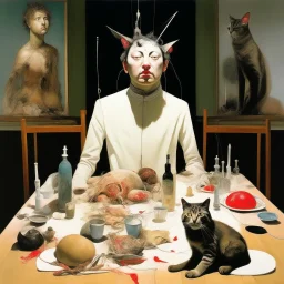 UN conference.a cat and human flesh-like surgical instruments and universe-like a pigeon and neuralink, surrealism,minimalism,Painting By Adrian Ghenie, Rene Magritte, Salvador Dali, Lucian Freud