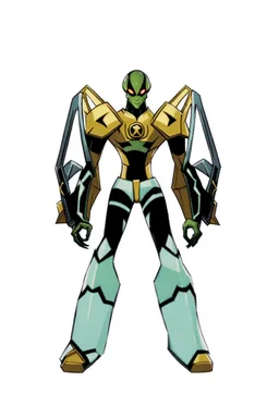 This new alien from the Ben 10 cartoon looks like an alien with an advanced and amazing appearance. He is distinguished by his slender and flexible body, which indicates his high alien capabilities. His skin appears light blue, adding to his feral character.A new space creature from Ben 10 cartoon. Strong and graceful. Advanced metal. Magical power, precise detail and intense power