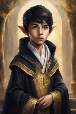 nine-year-old elven boy, golden eyes, black hair, dressed in aristocratic robes