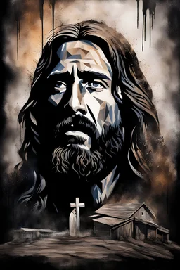 24x36 inch movie poster - "The End of Life" - double exposure - Oil paint, water paint, acrylic paint, statuesque, clay molding, wood burning, pencil and ink - in the art style of every artist that has ever lived - Jesus looking down from the cross while a giant, snarling werewolf rears up behind him, "They Know Not What They Do." The Raven sat perched upon a bust of Pallas just above my chamber door