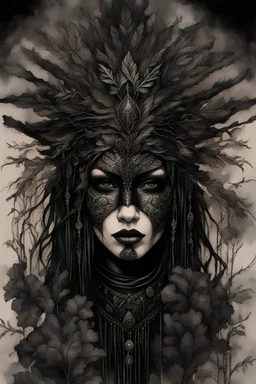 portrait vantblack pouring Acrylic an cyberpunk shaman woman extremely textured botanical-metal faced portrait with a voidcore metal gothica headdress with metallic filigree gothica ornaments around onix stones mineral stone metallic watercolour an black ink filigree silver voidcore shamanism foral ornaments plants and tree branches black ink on half face masque gothica filigree voidcore athmospheric organic bio spiral ökoart creepy stunning