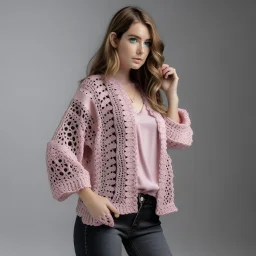 Model with crochet cardigan pink