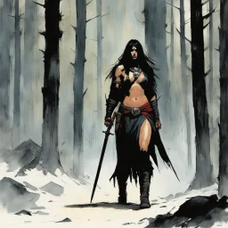 [art by Alex Maleev] THE DEATH DEALER: tribeless barbarian in a large forest that, after the end of the Ice Age, will one day become the Mediterranean sea. When the Mongol-esque Kitzaak Horde invade the forest, various parties try to recruit Gath's aid to defend against them. One of them, the beautiful sorceress Cobra, gives Gath a helmet possessed by the god of death. The helmet gives him godlike power but at the same time tries to break Gath to its will. With the help of the worldly travelling