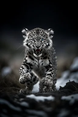 A captivating image of a attacking angry Snow Leopard Cub in its natural habitat., poised on a vast field with a stark contrast between light and dark, conveys a powerful sense of tension. In this expertly captured photograph, the predatory animal stands tall, its muscular frame oozing strength and dominance. The sharpness of every detail accentuates the creature's primal aura, from its razor-sharp teeth and piercing eyes to its sleek, glossy fur. This mesmerizing image.