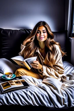 On the cover of the magazine, a gorgeous supermodel lounges on a plush bed with a fluffy duvet and cushions. She is dressed in a stylish and comfortable sleepwear ensemble from a renowned designer brand. Her long hair is sleek and shiny and her makeup is natural and radiant. She looks relaxed and happy, holding a cup of coffee and a book