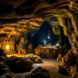 A magnificent legendary treasure sparkles inside a cave