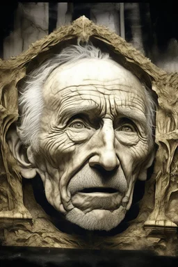 surrealis monochrome A fragmented, surreal sculpture liguid color of photorealistic image 3d,psychedelic art of an old man face glossy emerging from dreamlike a crumbling building. The face appears pale with deep cracks and intricate details, evoking a haunting expression. Blackened tree branches intertwine with the gold mengkilat cracks, set against a backdrop of stormy, cloud-filled skies. bauhaus art The overall tone is dark and moody, suggesting themes of decay and transformation. Include