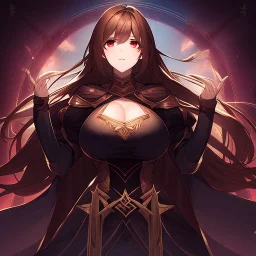 A confident woman with long brown hair and red eyes, stepping out of a magic portal into a medieval world, colored manga style, intricately detailed