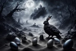 dark fantasy land with mystic, fog, deep cloros, burning landscape with mist, dark fantasy plants, silver and onix crystal eggs lying in sand, pale lights, rocks, weird surreal big dark rabbit-bird mutants, dark fantasy mood, sureal, high quality, high contrast, cinematic, atmospheric, weird mood