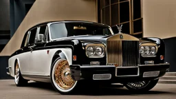 A sleekly designed (((Customized gangsters lowrider Rolls Royce Silver Shadow))), adorned with intricate modern modifications and luxurious details that evoke a timeless elegance blended with contemporary flair