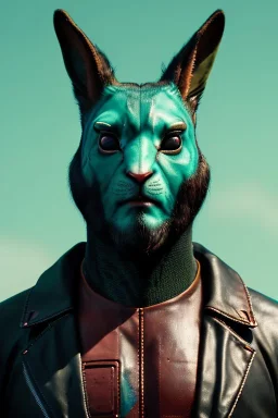 Medium Close Up Portrait, Front image. cyberpunk, rabbit mask, strong man, long hair and beard. latex suit army. Green, black, color. Dron style. Color background, photo studio. Avatar image, highly detailed, concept art, smooth, unreal engine 5, ray tracing, RTX, lumen lighting, ultra detail, volumetric lighting, 3d, finely drawn, high definition, high resolution.