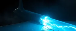 pinhole cam, airbrush 3d rendering,,A futuristic airplane seen from the side. A glowing transparent lightning tube is mounted horizontally across the rear of the aircraft, perpendicular to the fuselage, like a crosswise energy reactor. Blue-white lightning inside the tube. Cinematic, realistic, industrial sci-fi.