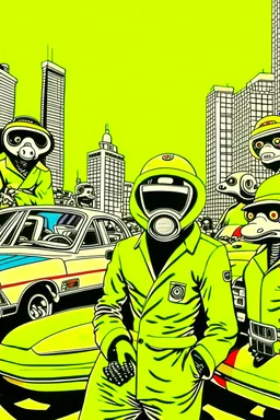 YELLOW LAMBOURGHINI APES PENGUINS AND ROBOTS in the style of Hiroshi Nagai