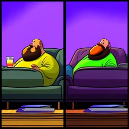 comicbook, 2 panels, a fat, bearded man watching tv in one, a side angle view of the tv in the other