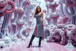 beautiful full body with long boots and midi dress lady in surreal interstar world made of fractal random size modern mechanical basic objects with helical strip colors,geers, in clothing similar to environment full body posing to camera