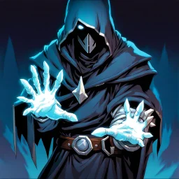 fantasy 90's tcg art hooded figure man with ice powers holding out hand