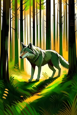 A wolf lurking through a forest. Dynamic light, detailed flora, stylized, concept art, painting