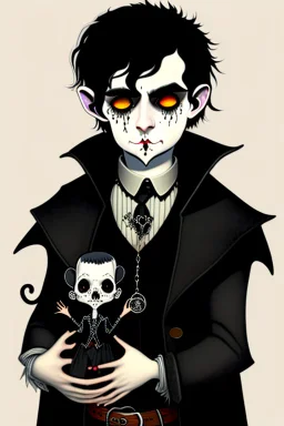 black haired black eyed young man necromancer goth hobbit with gothic jewelry and pet black rat in the style of Charles Addams