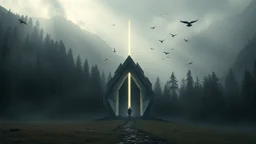 A contemporary chapel built in a fog-covered mountain valley, fractured crystalline volumes emerging from dark forests, empty and silent interiors pierced by vertical beams of symbolic natural light, conceptual architecture inspired by memory and spirituality, a single visitor walking towards the entrance while black birds fly over the landscape, pictorial representation inspired by the symbolism of Odilon Redon and hyperrealistic cinematic matte painting.