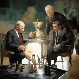 Putin, President Xi Of China And Joe Biden Play Chess With Atomic Bomb Mushroom Cloud,Complex Surgical Instruments Intermixed With A Newborn Boy,Minimalism,Painting By Adrian Ghenie,Rene Magritte,Pablo Picasso,Michelangelo,Salvador Dali,Lucian Freud