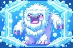 Anime pixel art of a Fresh stage Epi-Yeti, resembling a tiny yeti with a stethoscope, nestled inside a shimmering ice crystal.