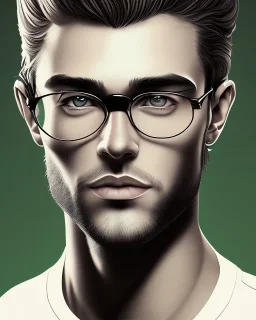 Fit man in round glasses, wavy hair, stubble, slim, tie, monotone, green eyes, comic book style, two tone colours, detailed, ink, realistic, handsome, square jaw, big brows, no jacket, bird on the shoulder, spotlight