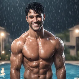 Hyper realistic extremely handsome muscular short black hair man smiling & standing between swimming pool in a heavy rainy night