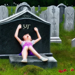 Girl crying laying next to a tombstone