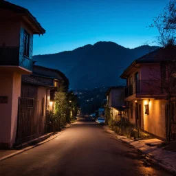 A night photography depicting a street going up to a moutain, with odd houses, horror movie shot