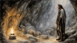 Hyper-photorealistic watercolor art style by Luis Royo, A dark cave lit only by oil lamps, a stone altar, animal skins, a young man and a girl, hyperdetailed face, full body diagonal shot, encounters male bandits in dark fantasy countryside setting, absence of mysterious elements, dramatic lighting, ultrafine detail, octane rendering., darkness world