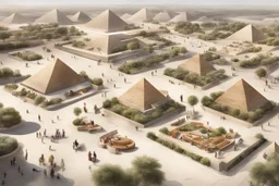 A plan for a tourist walkway with the pyramids, including modern seating areas with planters, sweet cars, and tourist bazaars.