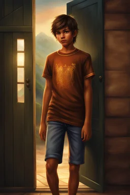 15 year old young boy with lightly tanned skin and brown hair wearing a teeshirt, photorealistic, standing by a door, fantasy