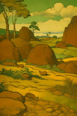 A brown savanna with block shaped rocks painted by Paul Gauguin