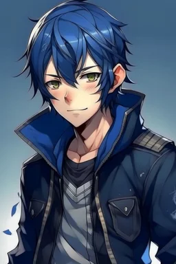 dark blue haired anime boy in a leather jacket