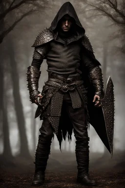 fantasy hooded man wearing studded leather armor