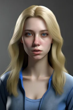 Frau, 25-jährig, realistische Haut, blonde schulterlange Haare, blaue Augen, schlank, ganzer Körper