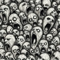sketch line, rought, of faces on a pages, screaming and sad, demented, mad, journal