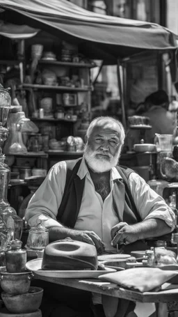 Full length photograph of a 58 year old, strong and chubby Neapolitan antiques dealer, at the street market, elegantly dressed, old glasses, short beard, short shaved hair, under the sun, stocky, open shirt, hairy chest, sitting in a furniture stall of antique and mirrors, big belly, big shoulders,, sunlight, ambient occlusion, side light, photorealistic, side view from the ground