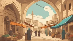 جزیره بوتان. شهر بوتانold city. Ottoman era. long view. Heli shot. the alley Market. City. Cizîra Botan. Botan city. Turkey. animated history. vector. cartoon. Digital painting. minimal, Vector, Kurdish. color. minimal