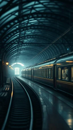 Si-Fi, a train station, intricate historical moody , eerie grim dark ambiance, speculative fiction art. Bokeh