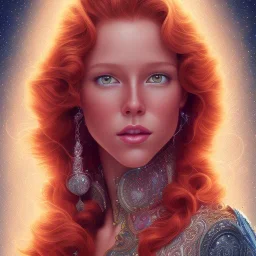 teen Robyn Lively, her striking perfectly detailed clear eyes, her perfect, precisely detailed lightly freckled face, meticulously detailed long curly multi-hued ginger carrot cherry fire red hair, luminous colorful sparkles; by james r. eads, gawki, rajewel, tania rivilis, dan mumford, lisa frank, artgerm, greg rutkowski, alphonse mucha and william-adolphe bouguereau; glitter, airbrush, octane render, volumetric lighting, 16k, photorealistic digital painting, artstation, smooth, sharp focus