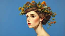 A surrealist oil painting on canvas features a fair-skinned, white woman, around 27 years old, with light brown hair styled to resemble a landscape, complete with trees and foliage, against a solid blue background.