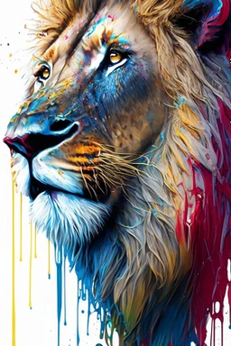 "lion", clean design, art station, splash of colorful paint, contour, ((solid white background)), gazing into camera, hyperdetailed intricately detailed, unreal engine, fantastical, intricate detail, splash screen, complementary colors, fantasy concept art, 8k resolution, DeviantArt masterpiece, paint dripping