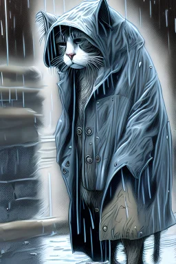 One single beautiful mature homeless cat with worn out clothes, walking in the rain, realistic proportions, mourning, model style, hyper realistic, extremely accurate, delicate, extremely detailed, Graphic novel style, wide-angle, open aperture, superfine pencil