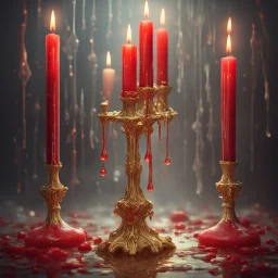 Red candles on a gold candlestick, dripping wax. Illustrative art, art interpretation, concept art, cgsociety contest winner, seasonal art, seasonal art HD, 4k, 8k, intricate, detailed, intricately detailed, luminous, translucent fantasy crystal, holographic data, soft body, shadow play, light, fog, atmospheric, cinematic, light film, hyper-detailed, hyper-realistic, masterpiece, atmospheric, high resolution, 8k, HDR, 500px, mysterious and artistic digital art, phototic, intricate, f