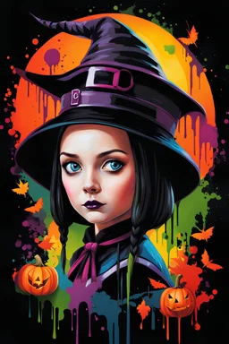 Wednesday Addams as a beautiful Halloween witch. graffiti art, splash art, street art, spray paint, oil gouache melting, acrylic, high contrast, colorful polychromatic, ultra detailed, ultra quality, CGSociety